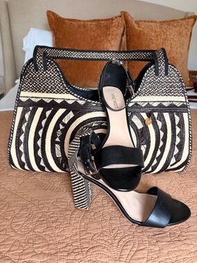 Nine West Black Leather Ankle-Strap Heels with Black & Cream Woven Bag